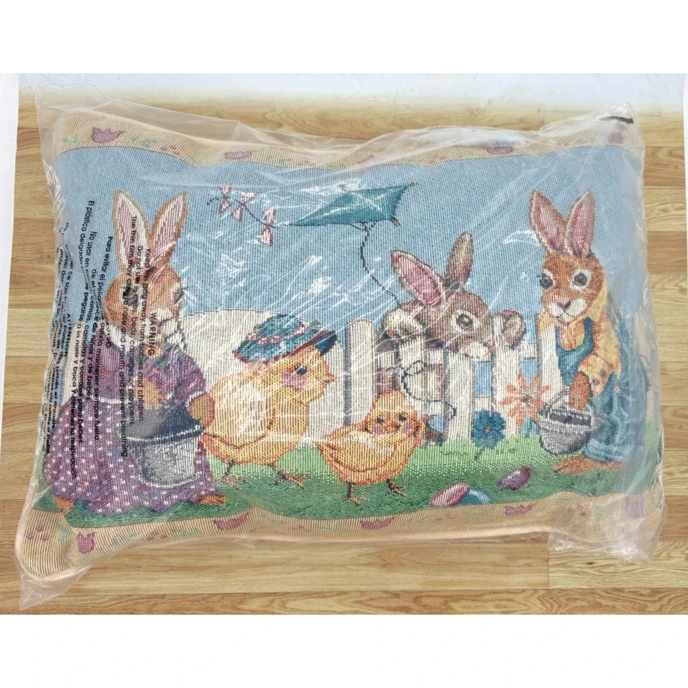 Vintage Tapestry Easter Pillow Rabbits Chicks Farm Scene Needlepoint Style Decor